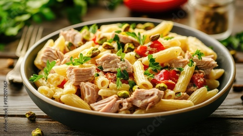 A beautifully presented pasta salad with tuna, roasted peppers, and pistachios, served warm and garnished with fresh herbs for a gourmet look.