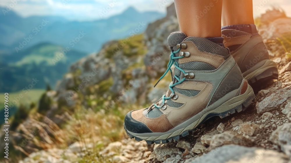 Conquering the Summit: Dynamic Shot of Hiking Shoes on Steep Hill Conquering the Summit: Dynamic Shot of Hiking Shoes on Steep Hill