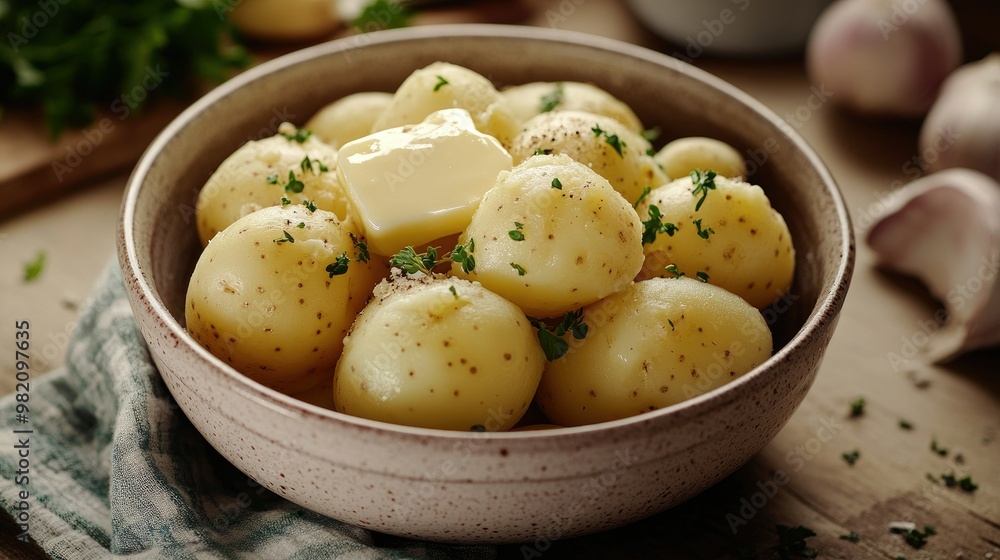 A bowl filled with freshly boiled potatoes, captured with melting butter and a sprinkle of herbs, ready to be mashed, in a homey kitchen environment A bowl filled with freshly boiled potatoes, captured with melting butter and a sprinkle of herbs, ready to be mashed, in a homey kitchen environment