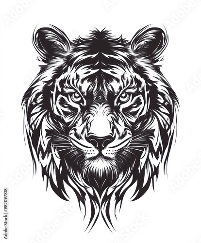 A detailed black and white illustration of a tiger's head, showcasing its fierce expression.