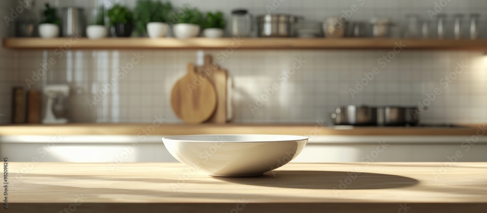 3D rendering of an empty dish set against a kitchen backdrop 3D rendering of an empty dish set against a kitchen backdrop