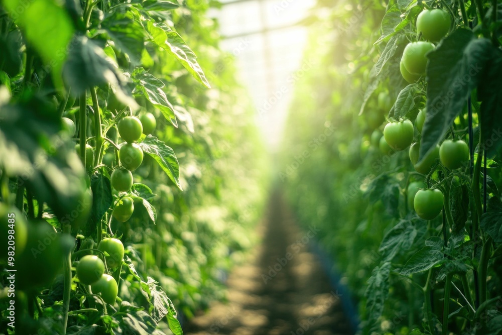 Naklejka premium Green tomatoes growing in a greenhouse, surrounded by lush greenery and natural light illuminating the plants, showcasing healthy agriculture and cultivation methods