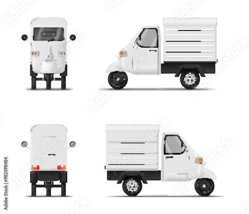 White delivery tricycle vehicle logistic courier service front side back view realistic vector