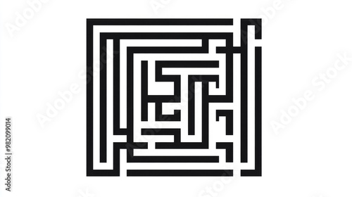 Abstract square maze designed for kids A puzzle for children featuring a labyrinth conundrum illustrated in black on a white background complete with solution