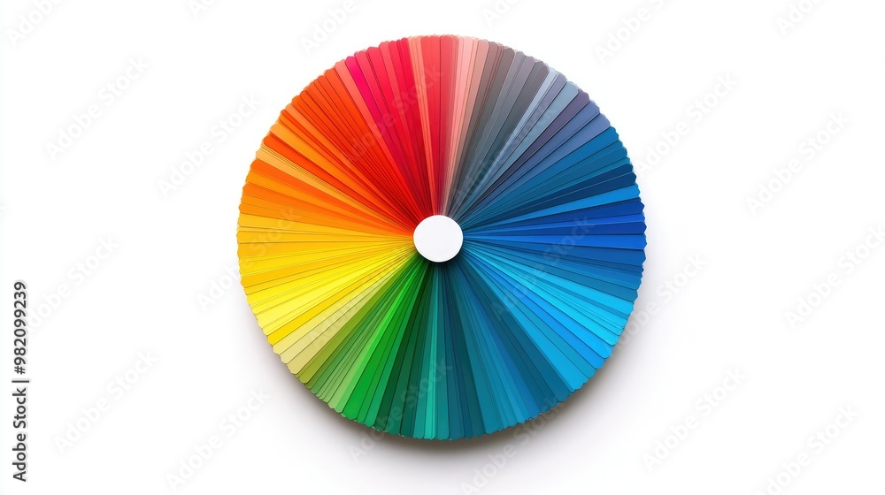Obraz premium A color wheel displaying warm shades of red, orange, and yellow transitioning smoothly into cool blues and greens, isolated against white