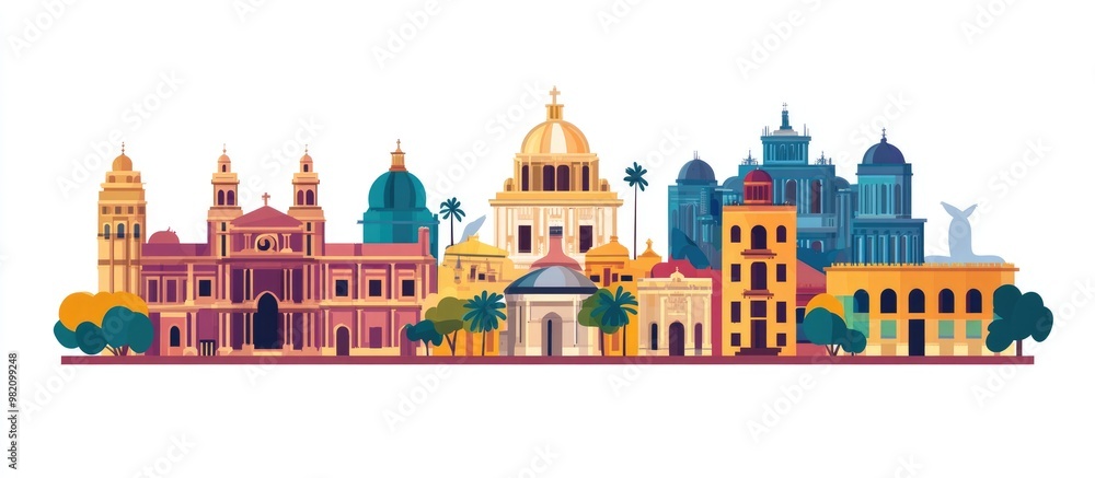 Welcome to a vibrant cultural scene featuring a famous cathedral and a historic palace isolated on a white background for a striking visual impact Flat illustration for landscape design Welcome to a vibrant cultural scene featuring a famous cathedral and a historic palace isolated on a white background for a striking visual impact Flat illustration for landscape design