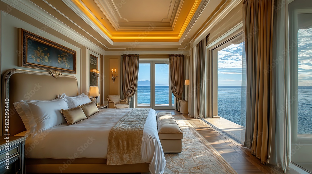 Luxury hotel suite with ocean view and king-sized bed. Luxury hotel suite with ocean view and king-sized bed.