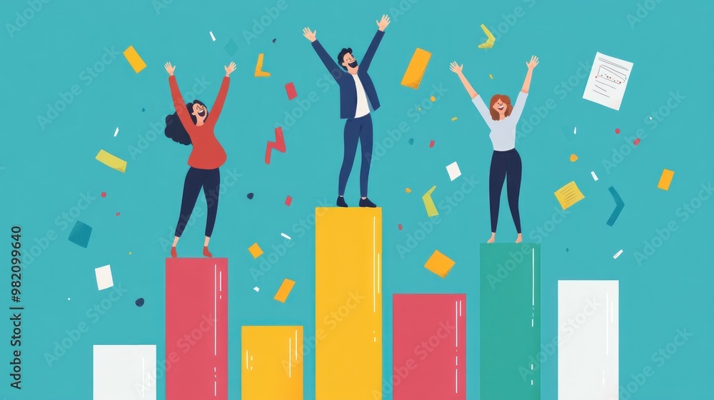 Three animated characters standing on a podium with various colored bars, celebrating success with confetti in the air, metaphor for achievement or victory. Three animated characters standing on a podium with various colored bars, celebrating success with confetti in the air, metaphor for achievement or victory.