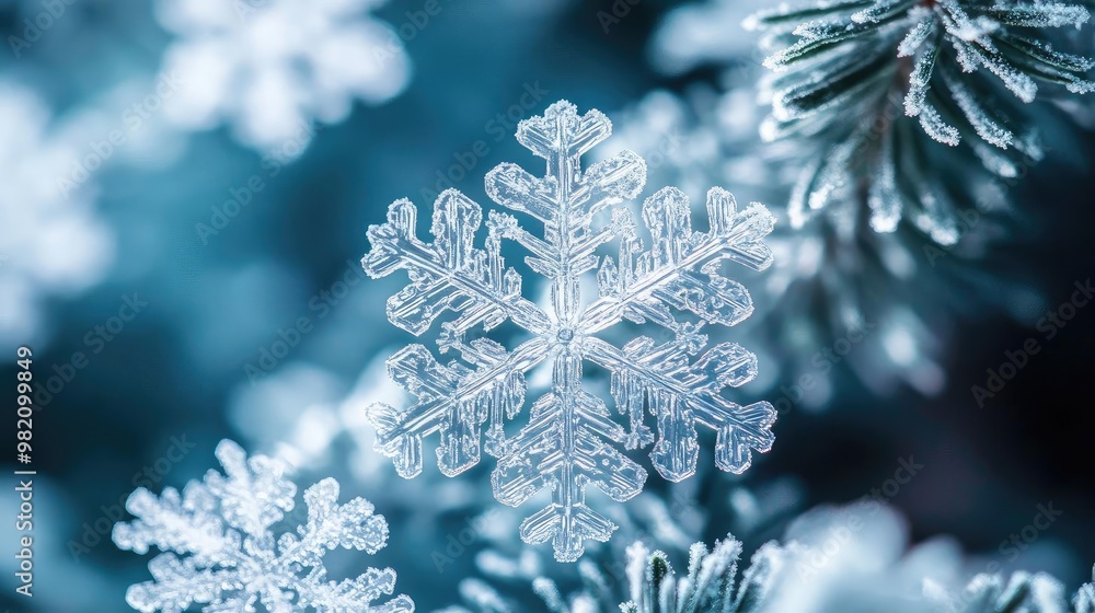 A close-up of delicate snowflakes resting on pine needles, showcasing intricate patterns in a serene winter environment. A close-up of delicate snowflakes resting on pine needles, showcasing intricate patterns in a serene winter environment.