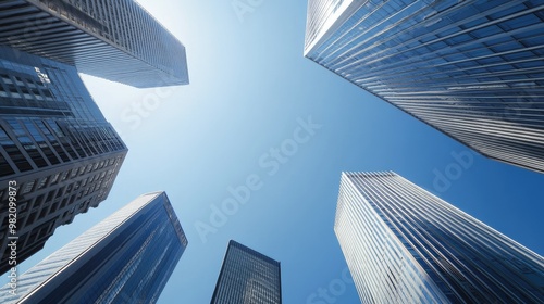 A dynamic low-angle view of the skyscrapers in Shinjuku, Tokyo, with buildings reaching into the clear blue sky, emphasizing the city's modern skyline. photo