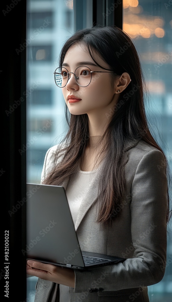 Confident Young Asian Businesswoman in Glasses Reviews Documents on Laptop Near Office Window. Confident Young Asian Businesswoman in Glasses Reviews Documents on Laptop Near Office Window.