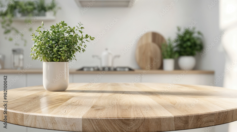 Empty round wooden table with potted plant in front of blurred kitchen background Empty round wooden table with potted plant in front of blurred kitchen background