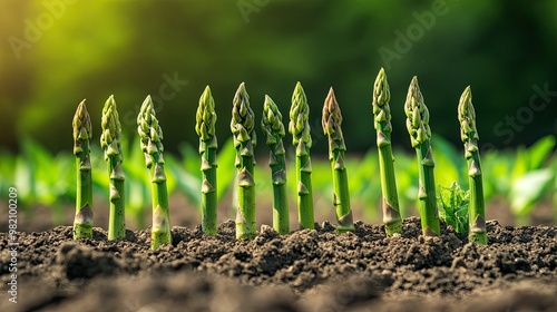 A field of green asparagus shoots standing tall against the earth, their fresh green color reflecting the vitality of spring growth. photo