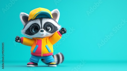 Cute Chibi Raccoon in Colorful Outfit 3D Render Pose Playfully Against Teal Gradient Background photo