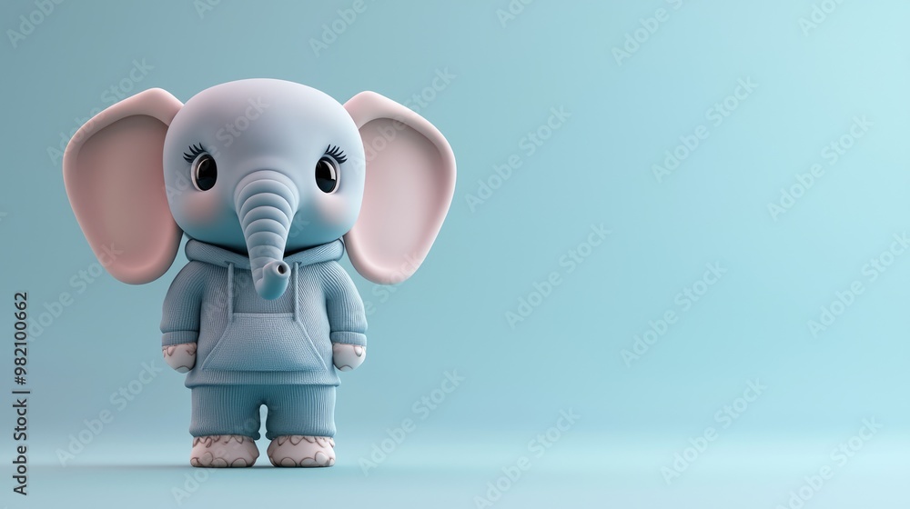 Fototapeta premium Cute Chibi Elephant in Stylish Hoodie on Blue Gradient Background