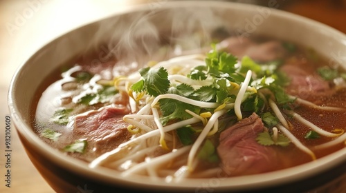 A steaming bowl of pho topped with herbs and bean sprouts, showcasing a delicious meal.