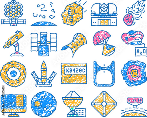 space researchment equipment doodle icons set vector. sketch line art hubble telescope tool and virtual planetarium, launch rocket and space capsule, spectral analysis of stars and color illustrations