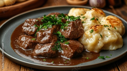 A plate of boiled beef slices, served with dumplings and topped with a savory sauce, garnished with parsley for a comforting dish.