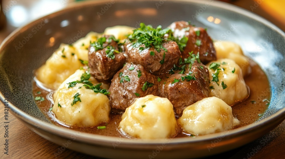 A plate of boiled beef with fluffy dumplings and savory sauce, garnished with fresh parsley. The dish exudes warmth and home-cooked comfort. A plate of boiled beef with fluffy dumplings and savory sauce, garnished with fresh parsley. The dish exudes warmth and home-cooked comfort.