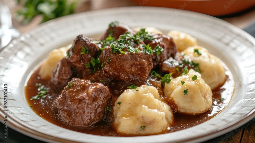 A plate of boiled beef with fluffy dumplings and savory sauce, garnished with fresh parsley. The dish exudes warmth and home-cooked comfort. A plate of boiled beef with fluffy dumplings and savory sauce, garnished with fresh parsley. The dish exudes warmth and home-cooked comfort.