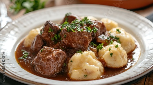 A plate of boiled beef with fluffy dumplings and savory sauce, garnished with fresh parsley. The dish exudes warmth and home-cooked comfort.