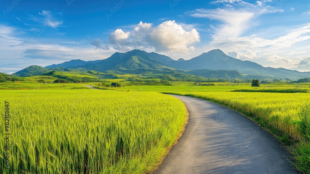 Obraz premium A scenic view of green barley fields on Gapado Island, with a winding farm road leading toward Mt. Sanbang and Mt. Halla in the distance, perfect for nature lovers.