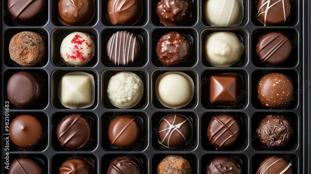 A selection of premium chocolates in a sleek gift box, perfect for celebrations. Dark, milk, and white chocolates arranged neatly in rows. A selection of premium chocolates in a sleek gift box, perfect for celebrations. Dark, milk, and white chocolates arranged neatly in rows.