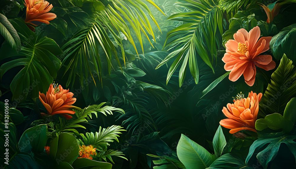 A lush jungle scene with vibrant green leaves and exotic flowers, bringing the warmth of the tropics to your screen A lush jungle scene with vibrant green leaves and exotic flowers, bringing the warmth of the tropics to your screen