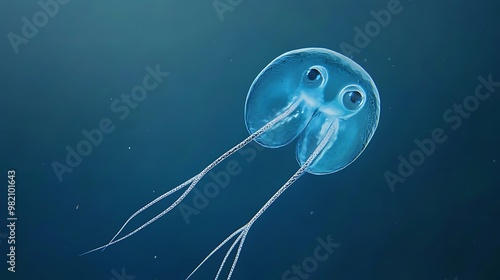 A singlecelled dinoflagellate spinning through water with its two flagella clearly visible photo