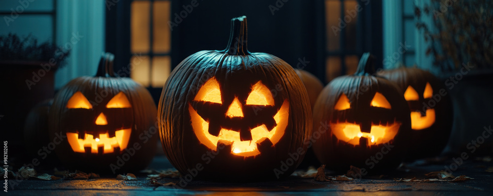A group of pumpkins with their mouths open and eyes glowing in the dark. Scene is spooky and festive, as it is a Halloween scene A group of pumpkins with their mouths open and eyes glowing in the dark. Scene is spooky and festive, as it is a Halloween scene