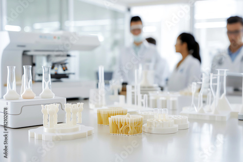 A group of scientists are working in a lab. They are wearing lab coats and safety goggles. There are beakers and other lab equipment on the table.