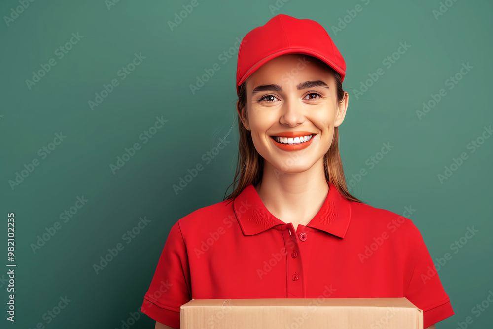 Portrait of a happy young delivery woman in a red uniform smiling at the camera while holding a cardboard box. She is standing against a green background. Portrait of a happy young delivery woman in a red uniform smiling at the camera while holding a cardboard box. She is standing against a green background.