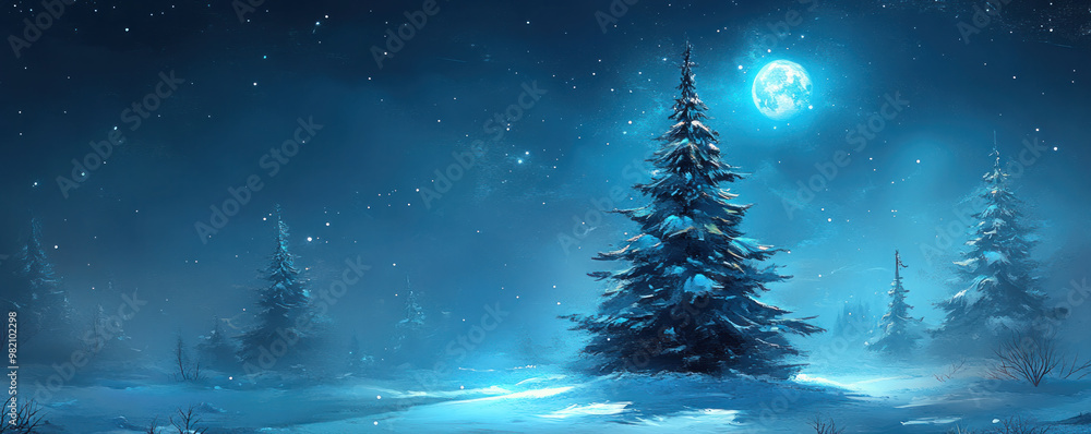 A blue sky with a full moon and a lone tree in the foreground. The sky is filled with snowflakes, giving the scene a serene and peaceful atmosphere A blue sky with a full moon and a lone tree in the foreground. The sky is filled with snowflakes, giving the scene a serene and peaceful atmosphere