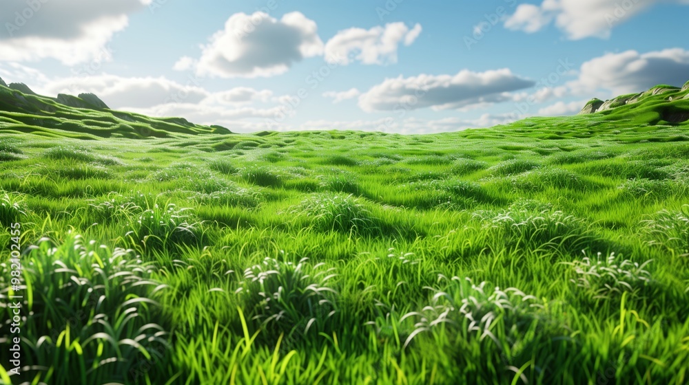 Beautiful Green Meadow Under a Blue Sky with Fluffy White Clouds - Perfect for Nature and Landscape Designs Beautiful Green Meadow Under a Blue Sky with Fluffy White Clouds - Perfect for Nature and Landscape Designs