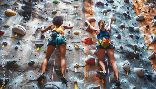 Two women rock climbing on an indoor climbing wall. They are wearing safety harnesses and using ropes to assist them.