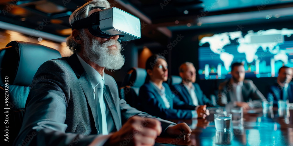 Obraz premium Businessman wearing VR goggles, interacting with a 3D virtual conference room, with avatars of colleagues.