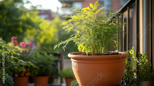 Asparagus sprengeri tree growing in a large terracotta pot on a balcony, surrounded by other potted plants, with a vibrant urban backdrop in the distance.