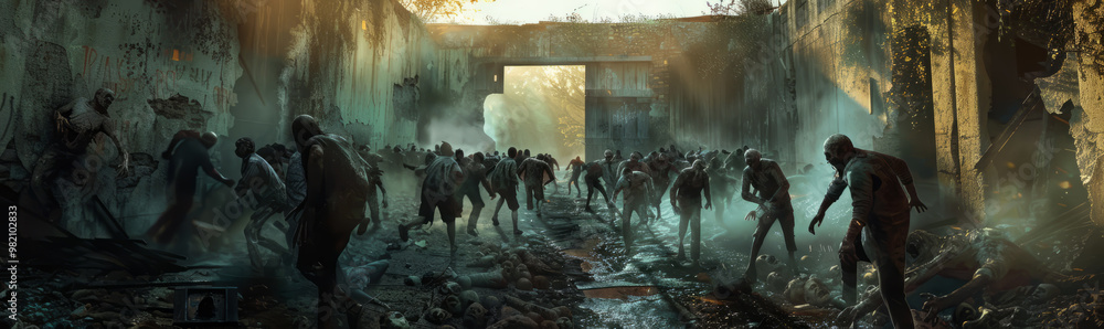 A zombie apocalypse with survivors barricaded in a fortified location, fending off the undead. A zombie apocalypse with survivors barricaded in a fortified location, fending off the undead.