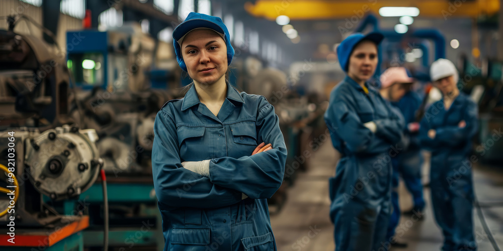 Fototapeta premium A group of factory workers in uniform, standing in a factory, all smiling.