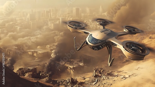 A futuristic military drone hovering over a battlefield with a wartorn city in the background photo