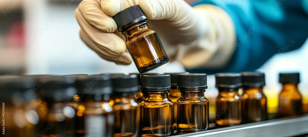 Gloved Hand Holding Small Bottle Among Similar Containers Science Industry Detail Work Precision Gloved Hand Holding Small Bottle Among Similar Containers Science Industry Detail Work Precision