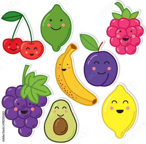 Cute hand drawn kawaii fruits stickers. Colorful smiling characters