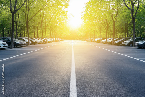 Empty Parking Lot With Sun Shining Through Trees