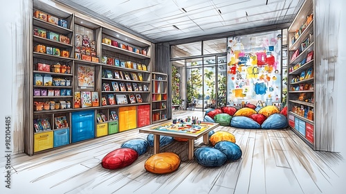 A kids playroom sketch with a central arts and crafts table, colorful storage, and a soft reading area with bean bags. The walls are covered with playful, child-friendly art, photo