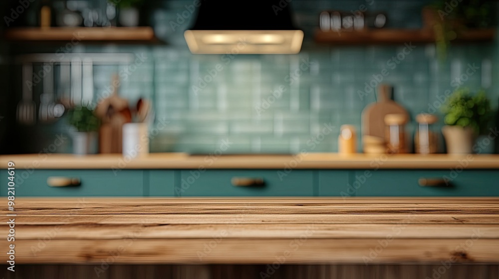 Blurred background of a modern green kitchen with a wooden table top in the foreground, perfect for showcasing home decor or kitchen-related products. Blurred background of a modern green kitchen with a wooden table top in the foreground, perfect for showcasing home decor or kitchen-related products.
