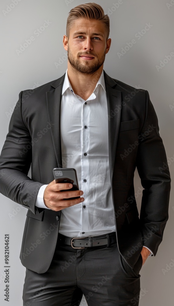 Confident Businessman in Formal Wear Checking his Phone Against a Minimalist Gray Wall Confident Businessman in Formal Wear Checking his Phone Against a Minimalist Gray Wall