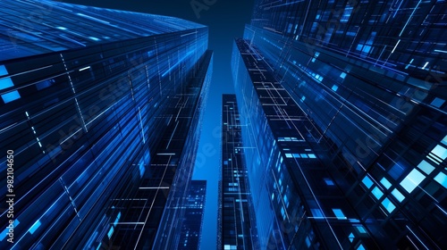 Futuristic City Skyline at Night - Digital Illustration of Modern Skyscrapers in Blue