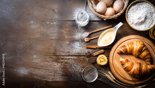 Rustic kitchen scene with fresh ingredients, including flour, eggs, and a delicious croissant, perfect for baking enthusiasts. photo