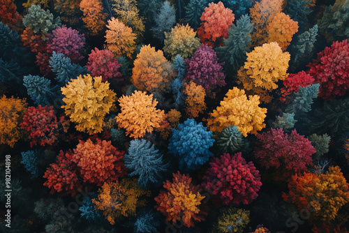 Aerial shot of treetops depicted with countless tiny dots of color