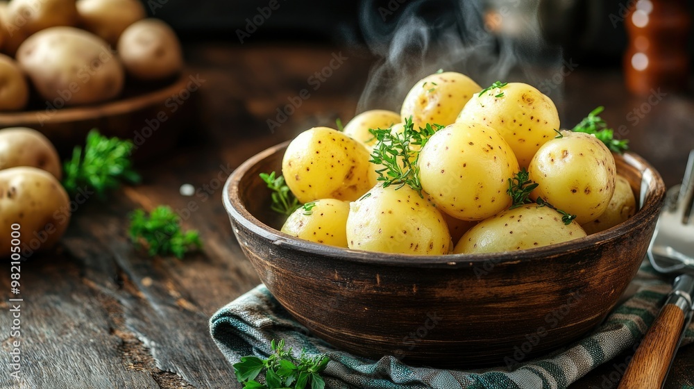Boiled potatoes in a rustic bowl, steam rising, with a masher and herbs beside them, ready to be mashed in a cozy, warmly lit kitchen Boiled potatoes in a rustic bowl, steam rising, with a masher and herbs beside them, ready to be mashed in a cozy, warmly lit kitchen